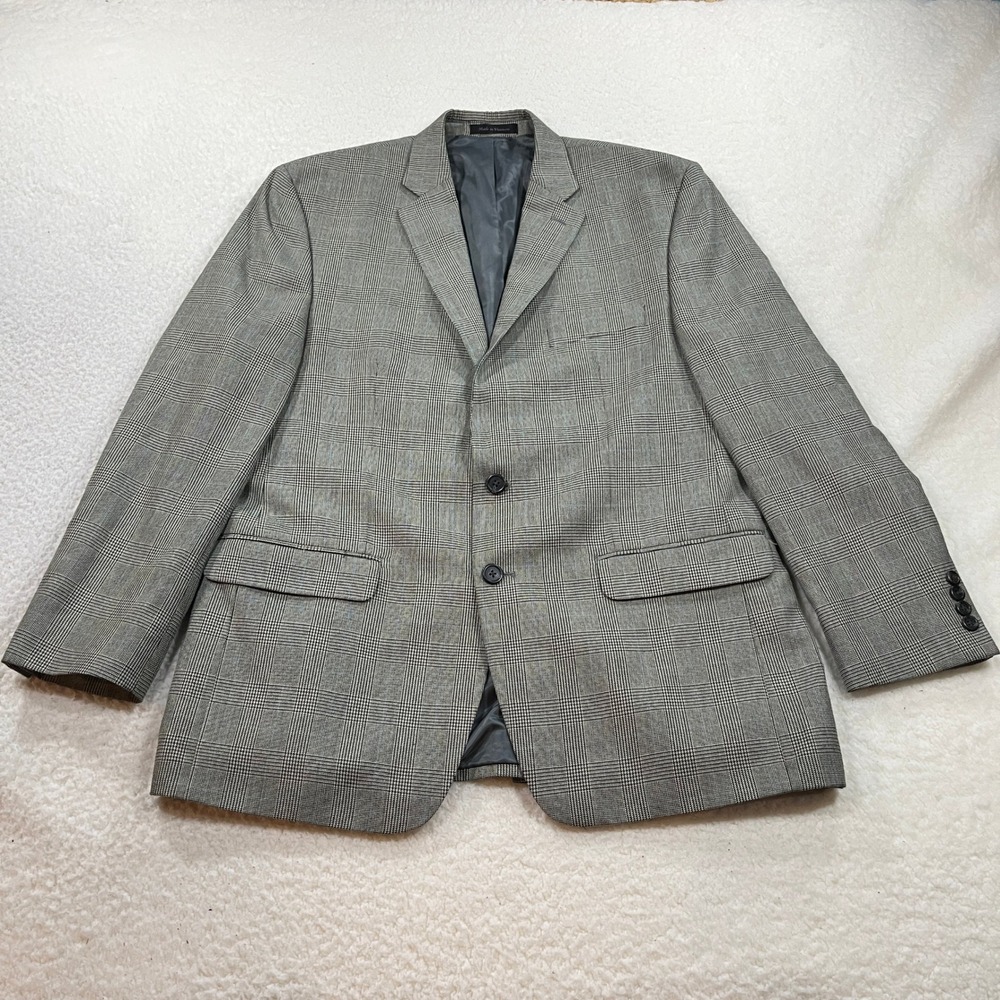 Chaps Sport Coat Mens 44R Gray Glen Plaid Two Button Blazer Formal Professional
